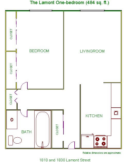 Floor plan of one-bedrooms at The Lamont Apartments, 1810-1830Lamont Street in Pullman, Wa